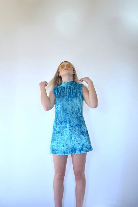 60s Furry Electric Blue Babydoll Micro Mini Dress