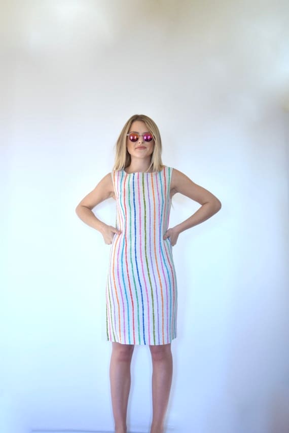 60s Mod Linen Rainbow Stripe Sleeveless Shift Dre… - image 2