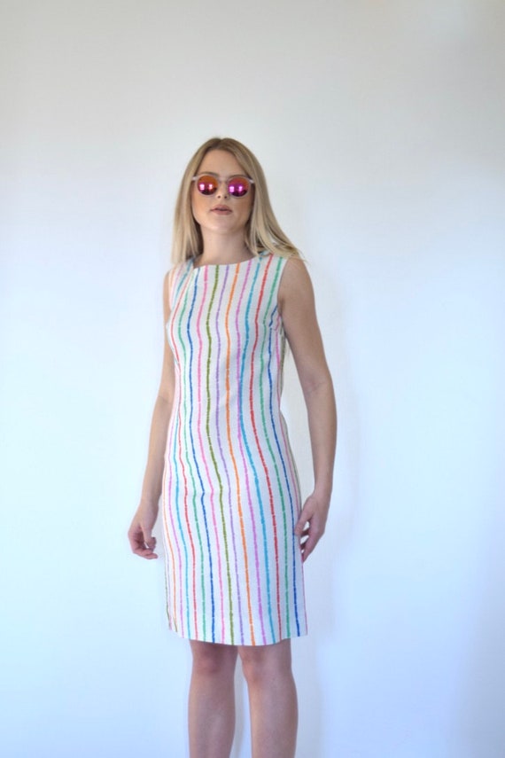 60s Mod Linen Rainbow Stripe Sleeveless Shift Dre… - image 8