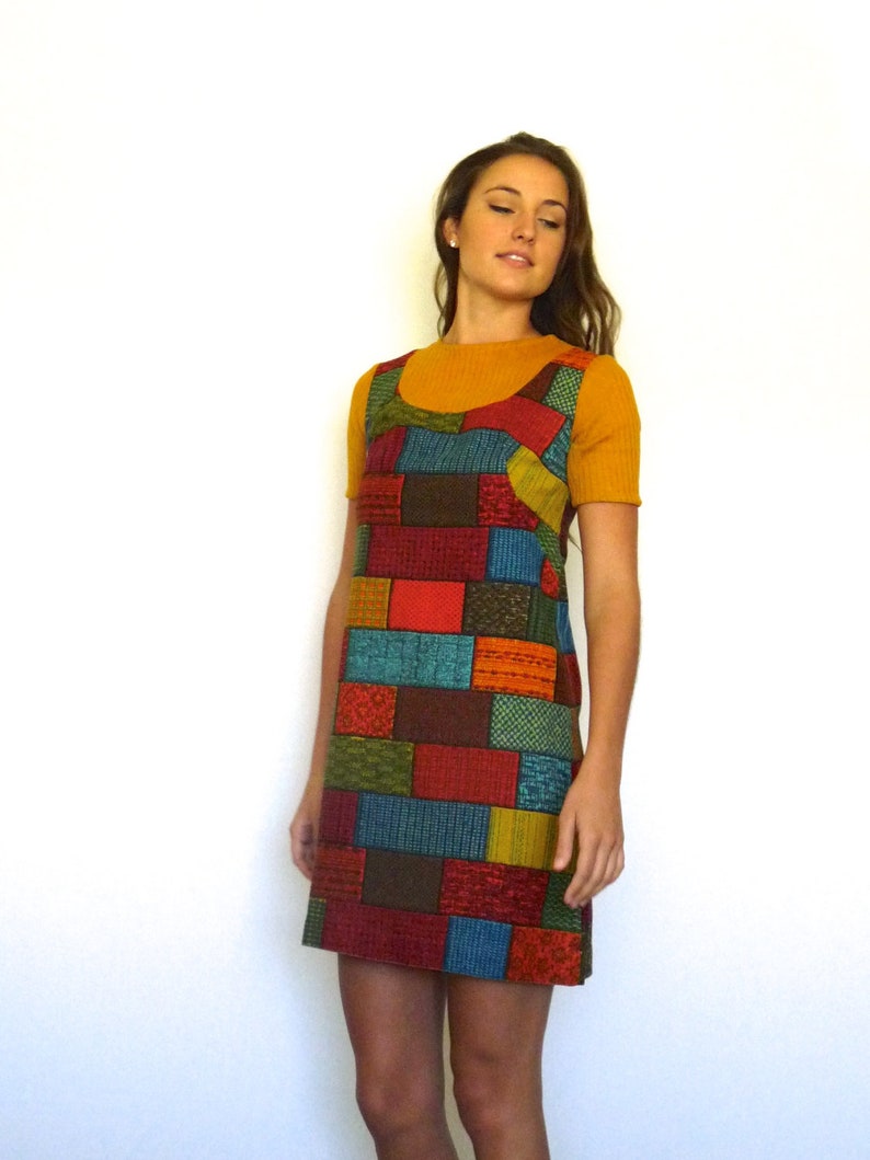 60s Retro Tapestry Patchwork Bricks Babydoll Mini Dress xs s image 1