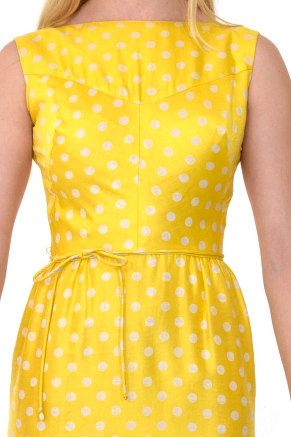 60s Shiny Yellow White Silk Polka Dot Wiggle Dres… - image 7