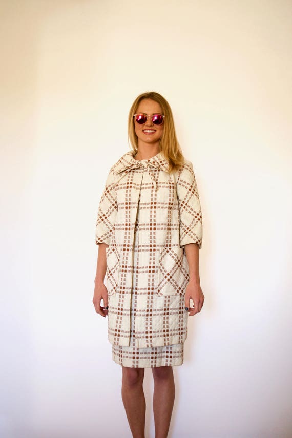 60s Edith Flagg Brown Cream Dotted Plaid Coat Dre… - image 2