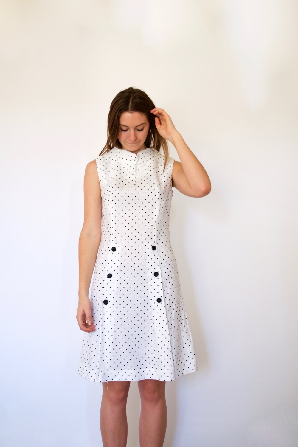 70s White Black Polka Dot Sailor Buttons Shift Dress S M - Etsy