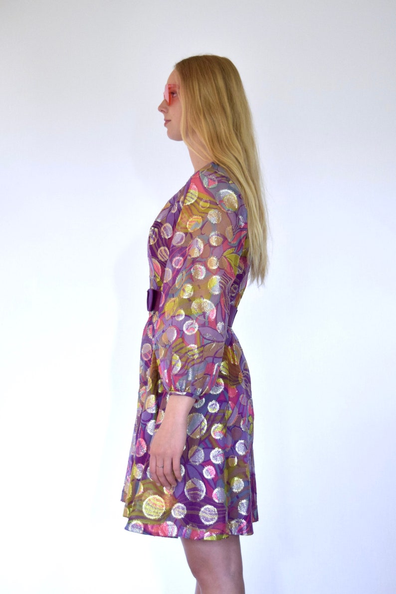 60s Mod Glam Psychedelic Geometric Purple Balloon Sleeve Mini Skater Dress m l 40 30