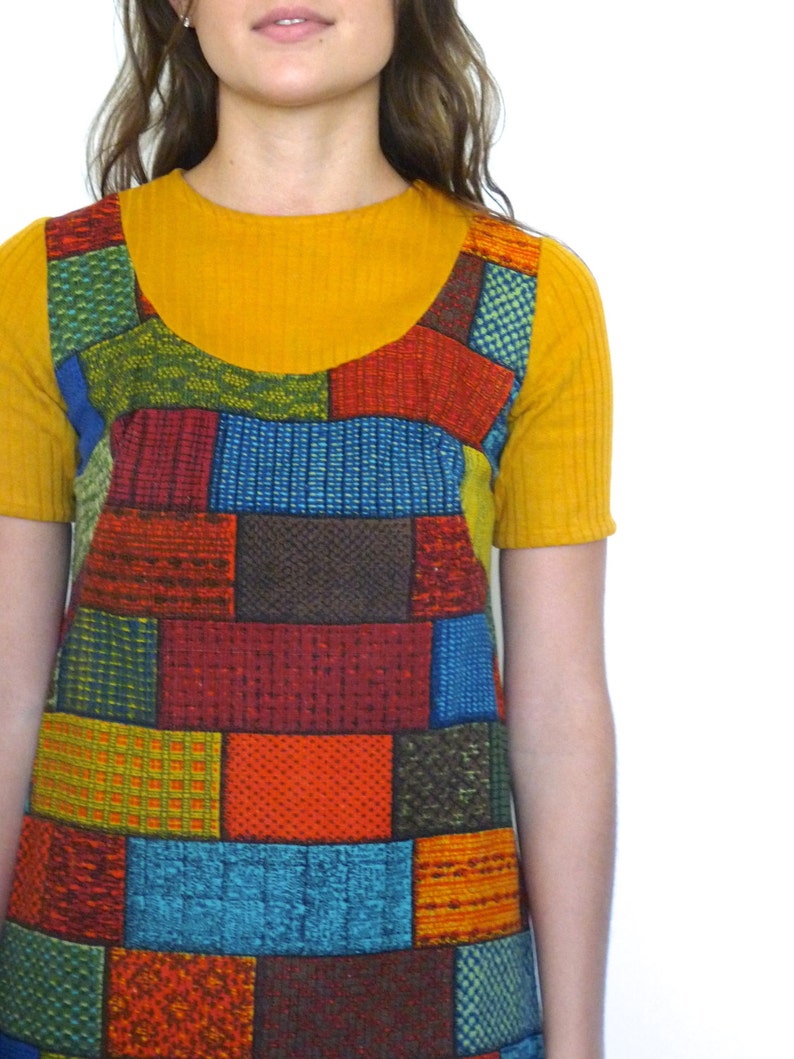 60s Retro Tapestry Patchwork Bricks Babydoll Mini Dress xs s image 4