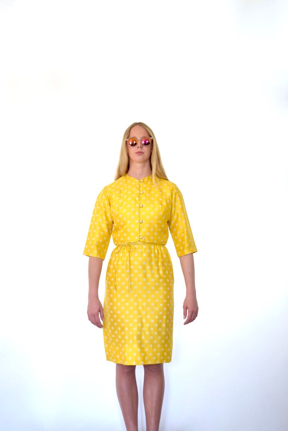 60s Shiny Yellow White Silk Polka Dot Wiggle Dres… - image 1