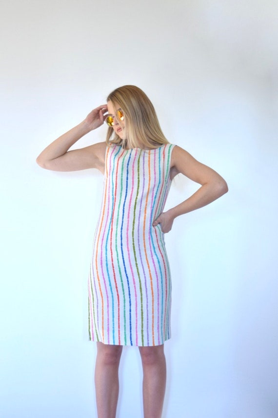 60s Mod Linen Rainbow Stripe Sleeveless Shift Dre… - image 6