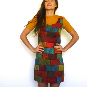 60s Retro Tapestry Patchwork Bricks Babydoll Mini Dress xs s image 3