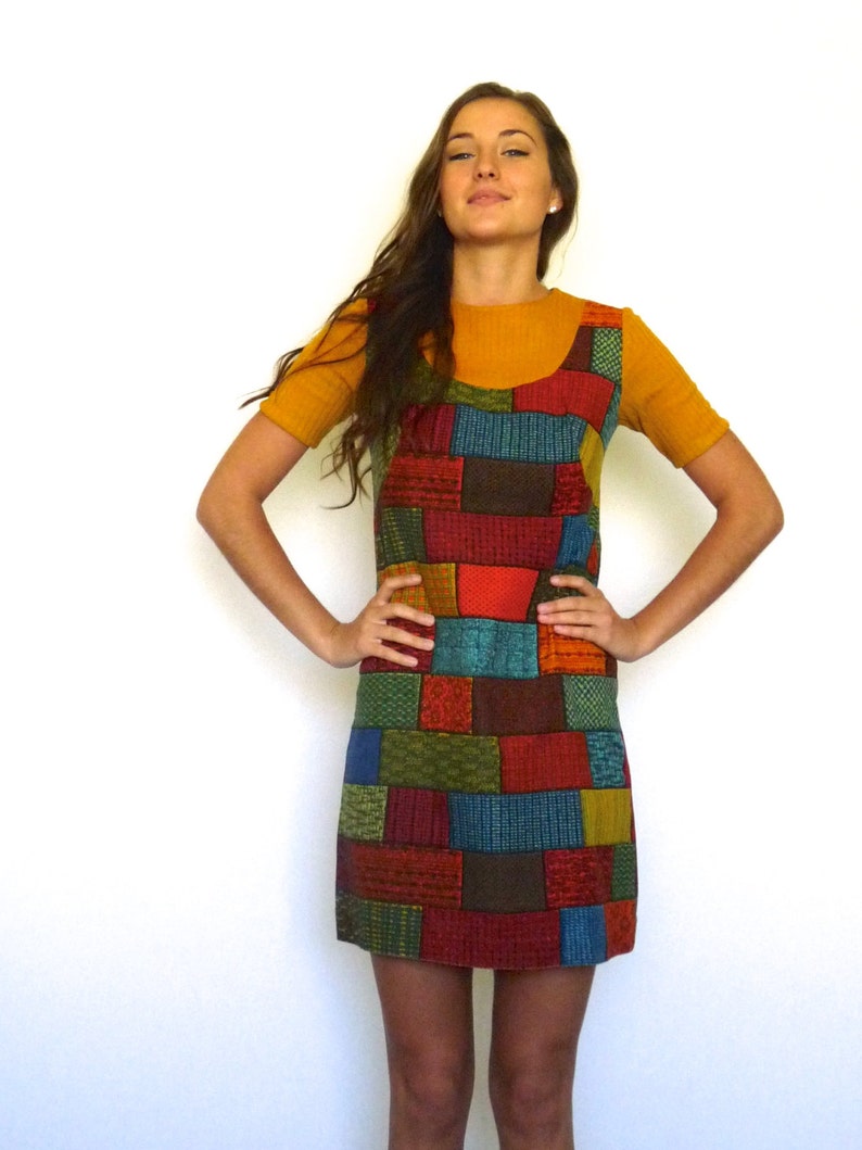 60s Retro Tapestry Patchwork Bricks Babydoll Mini Dress xs s image 3