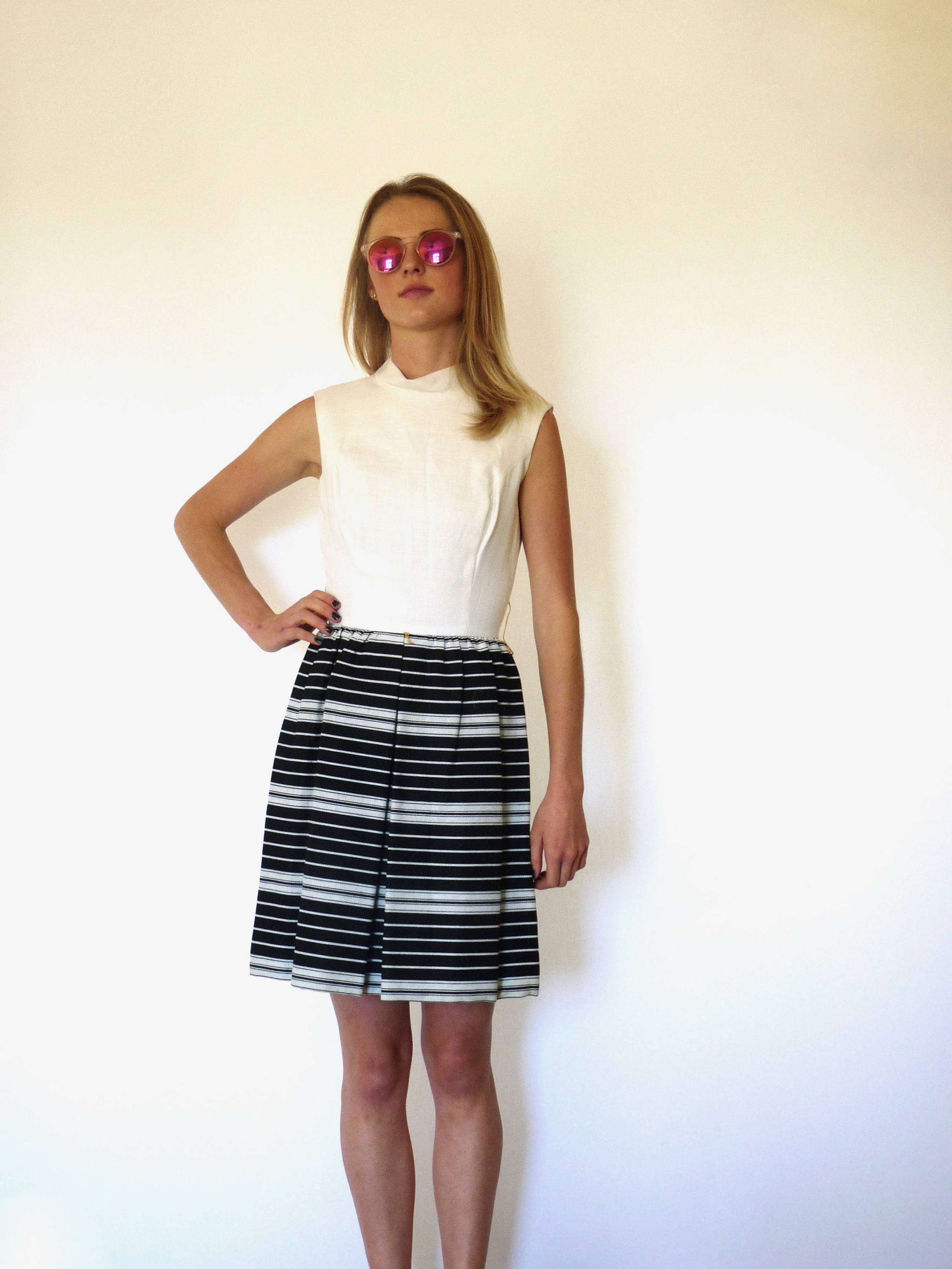 60s Black Cream Mod Stripe Dress Jacket Suit Set Xxs Xs Junior Accent ...