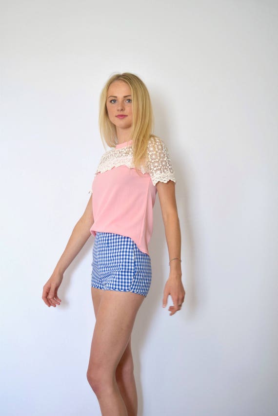 60s Baby Pink Silky Lace Yoke Short Sleeve Blouse… - image 4