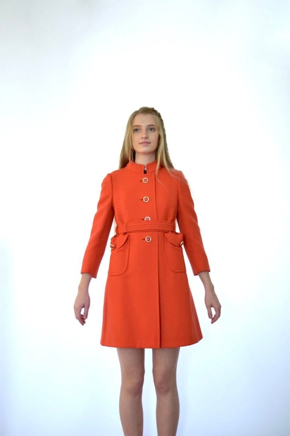 60s Mod Pauline Trigere Red Wool Knit Belted Trenc