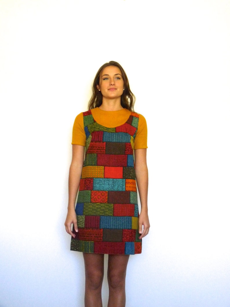 60s Retro Tapestry Patchwork Bricks Babydoll Mini Dress xs s image 2