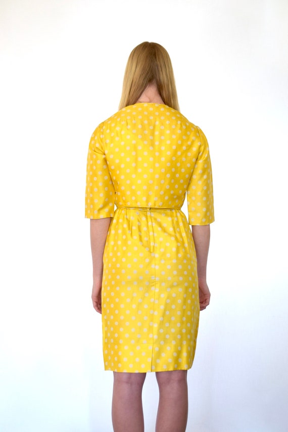 60s Shiny Yellow White Silk Polka Dot Wiggle Dres… - image 4