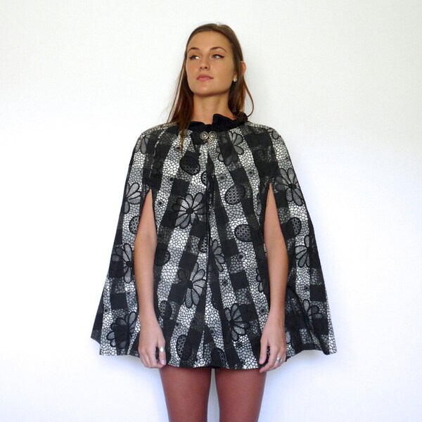 40s Black and Grey Floral Plaid Crinkle Rain Cape xs s m l