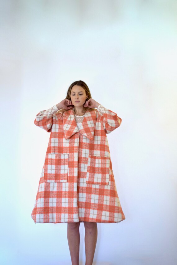 50s Red White Oversized Plaid Print Trapeze Blanke