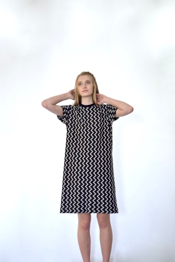 60s Black White Geometric Graphic Zig Zag Print Short Sleeve Boxy Knit Dress xs s m