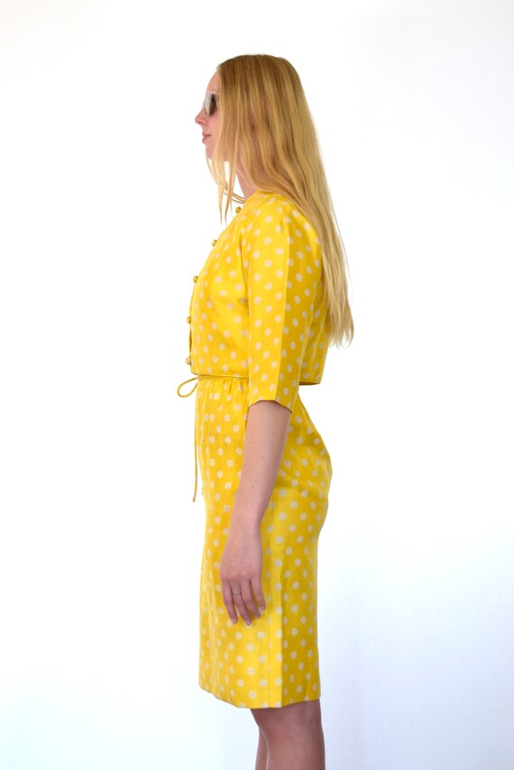 60s Shiny Yellow White Silk Polka Dot Wiggle Dres… - image 3