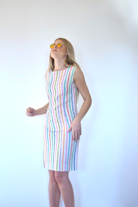 60s Mod Linen Rainbow Stripe Sleeveless Shift Dre… - image 7