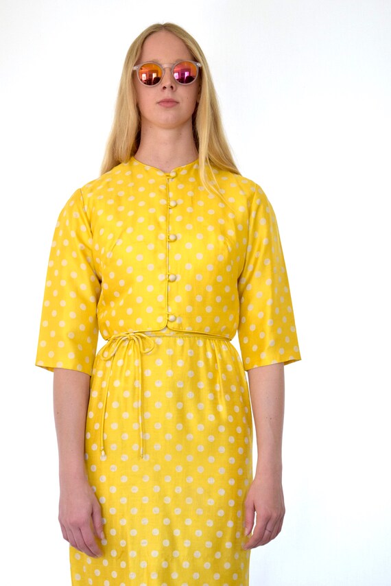 60s Shiny Yellow White Silk Polka Dot Wiggle Dres… - image 5