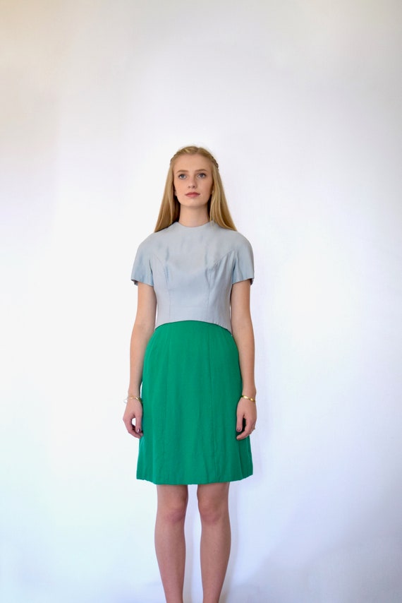 60s Blue Kelly Green Boucle Short Sleeve Sheath D… - image 1