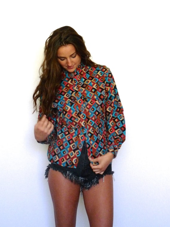 80s Colorful Southwest Print Long Sleeve Camp Shir