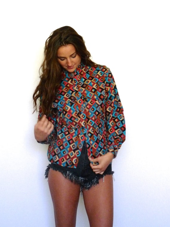 80s Colorful Southwest Print Long Sleeve Camp Shi… - image 1