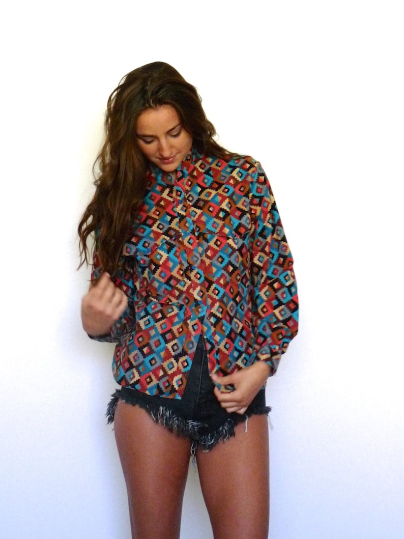 80s Colorful Southwest Print Long Sleeve Camp Shirt xs s image 1