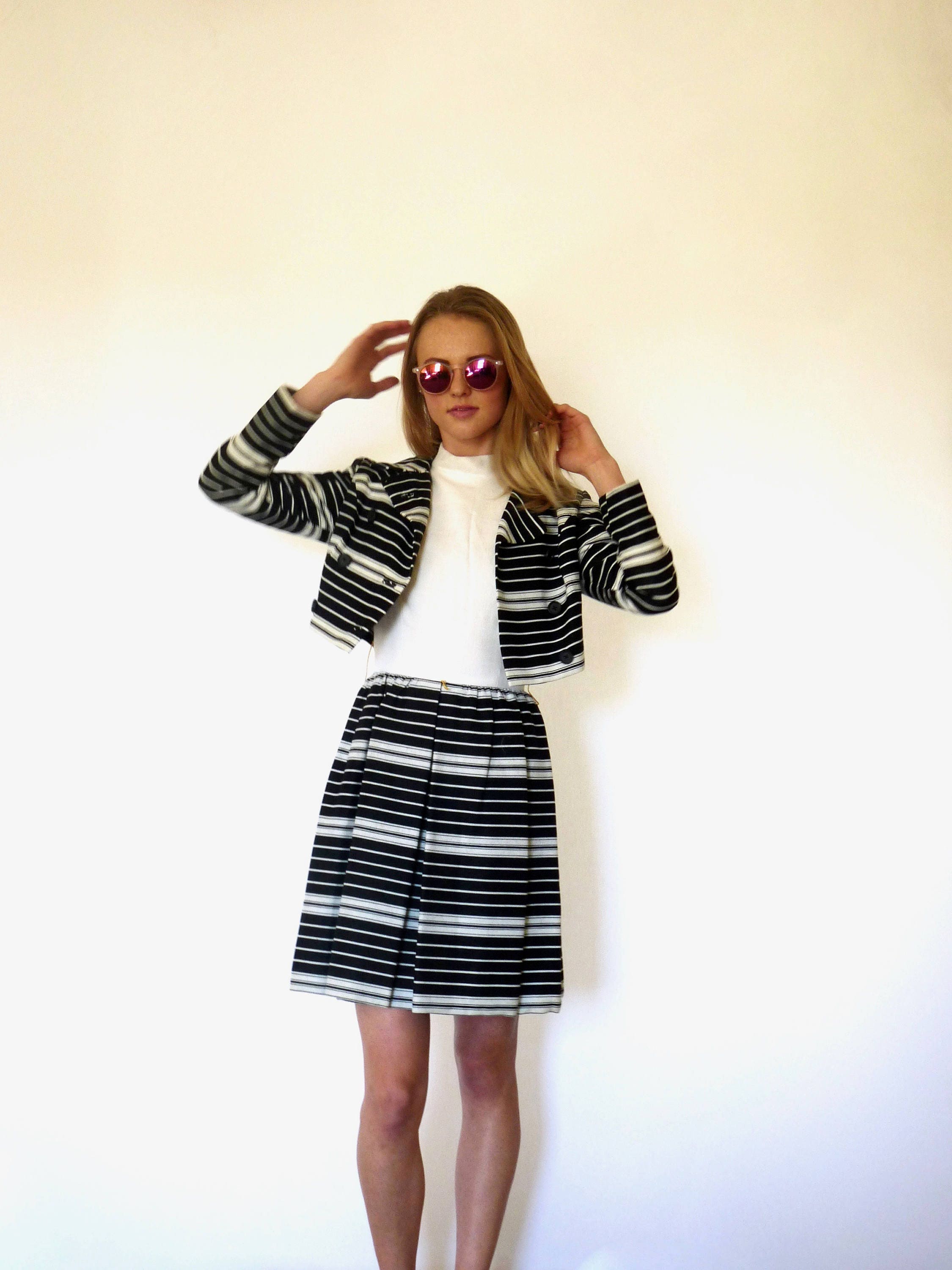 60s Black Cream Mod Stripe Dress Jacket Suit Set Xxs Xs Junior Accent ...