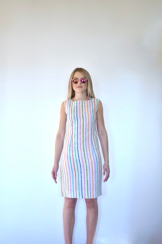 60s Mod Linen Rainbow Stripe Sleeveless Shift Dre… - image 5