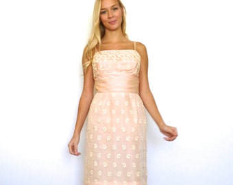 50s Pale Pink Paisley Lace Pattern Wiggle Dress xxs xs
