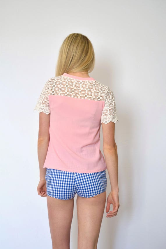 60s Baby Pink Silky Lace Yoke Short Sleeve Blouse… - image 9