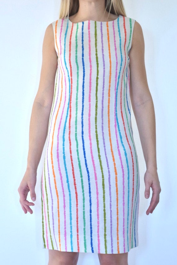 60s Mod Linen Rainbow Stripe Sleeveless Shift Dre… - image 3