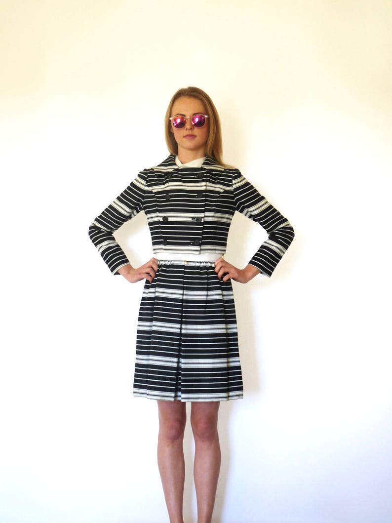 60s Black Cream Mod Stripe Dress Jacket Suit Set xxs xs Junior Accent image 3