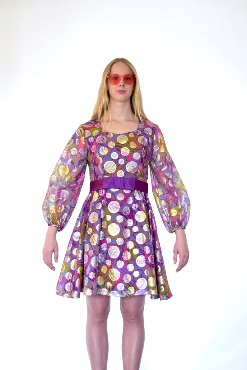 60s Mod Glam Psychedelic Geometric Purple Balloon Sleeve Mini Skater Dress m l 40 30