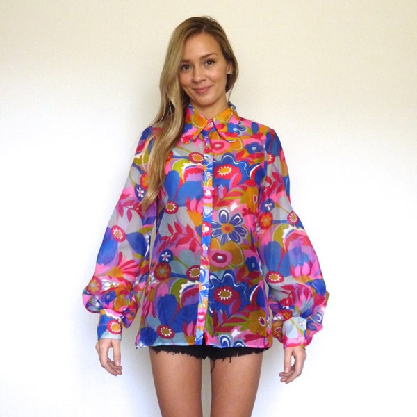 70s Sheer Psychedelic Floral Print Poet Sleeve Blouse xs s
