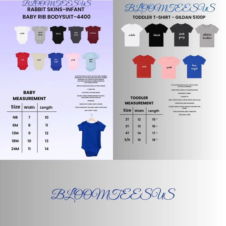 May include: A product image featuring baby bodysuits and toddler t-shirts in various colors. The baby bodysuits are available in sizes NB to 24M, and the toddler t-shirts are available in sizes 2T to 5/6. The image includes size, width, and length measurements.