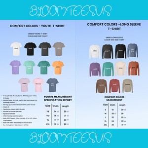 K&ouml;nnte beinhalten: Produktkatalog mit einer Vielzahl von T-Shirts und Langarmshirts in verschiedenen Farben. Das Bild enth&auml;lt Gr&ouml;&szlig;entabellen und Produktspezifikationen. Der Markenname "BLOOMTEESUS" wird oben und unten im Bild angezeigt.