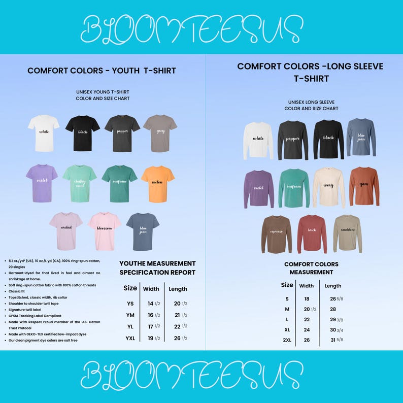 K&ouml;nnte beinhalten: Produktkatalog mit einer Vielzahl von T-Shirts und Langarmshirts in verschiedenen Farben. Das Bild enth&auml;lt Gr&ouml;&szlig;entabellen und Produktspezifikationen. Der Markenname "BLOOMTEESUS" wird oben und unten im Bild angezeigt.