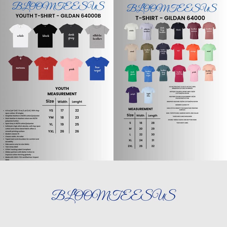 May include: A product image featuring a variety of Gildan 64000 and 64000B t-shirts in various colors, including white, black, and blue. The image also includes size and measurement charts for youth and adult sizes. The brand name "BLOOMTEESUS" is displayed.