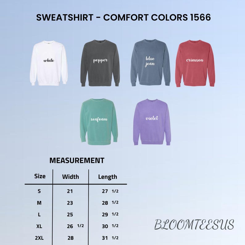 K&ouml;nnte beinhalten: Pr&auml;sentation von sechs Sweatshirts mit Rundhalsausschnitt in verschiedenen Farben: Wei&szlig;, Pfeffer, Blue Jean, Karmesinrot, Seegr&uuml;n und Violett. Das Bild enth&auml;lt eine Gr&ouml;&szlig;entabelle mit Ma&szlig;en in Zentimetern. Der Text "SWEATSHIRT - COMFORT COLORS 1566" steht oben.