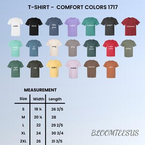 K&ouml;nnte beinhalten: Eine Auswahl an Comfort Colors 1717 T-Shirts in verschiedenen Farben, darunter Wei&szlig;, Schwarz und Blue Jean. Das Bild zeigt auch eine Gr&ouml;&szlig;entabelle mit Gr&ouml;&szlig;en von S bis 2XL, mit Breiten von 46 cm bis 66 cm und L&auml;ngen von 67 cm bis 80 cm.