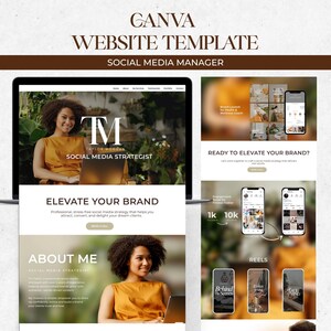 May include: A Canva website template for a social media manager. The design features a laptop screen with a website mockup, and several phone mockups showcasing social media content. Text includes "Elevate Your Brand" and "Social Media Strategist."