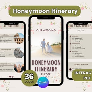 Honeymoon Itinerary Mobile, Canva Editable, PLR & MRR, for brides and sellers, elegant, Interactive PDF, ready to personalize, 36 Pages