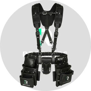 May include: A black leather tool belt with integrated suspenders, featuring multiple storage pouches, metal rivets, and adjustable buckles. The product displays the R BROTHERS logo on the front pockets and includes a central hammer loop.
