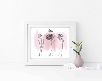 Birth Month Flower Print| Birth Month Flower Art| Custom floral gift| Flower Wall Art| Botanical Art Flowers| Sister Gift |floral art
