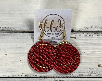 Leather metal circle earring, red leather circle earring, metallic red leather dangle, lightweight genuine leather, hypoallergenic jewelry
