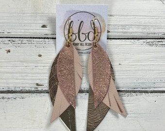 Rose gold feather leather earring, rose gold layered earring, lightweight genuine leather, hypoallergenic jewelry, metallic rose gold dangle