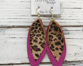 Folded leather earrings, leopard cheetah earrings, lightweight genuine leather, hypoallergenic jewelry, pink cheetah print dangle, mom gift