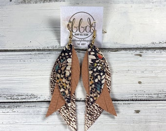 Rose gold feather leather earrings, butterfly print earring, lightweight genuine leather, hypoallergenic jewelry, metallic rose gold dangle